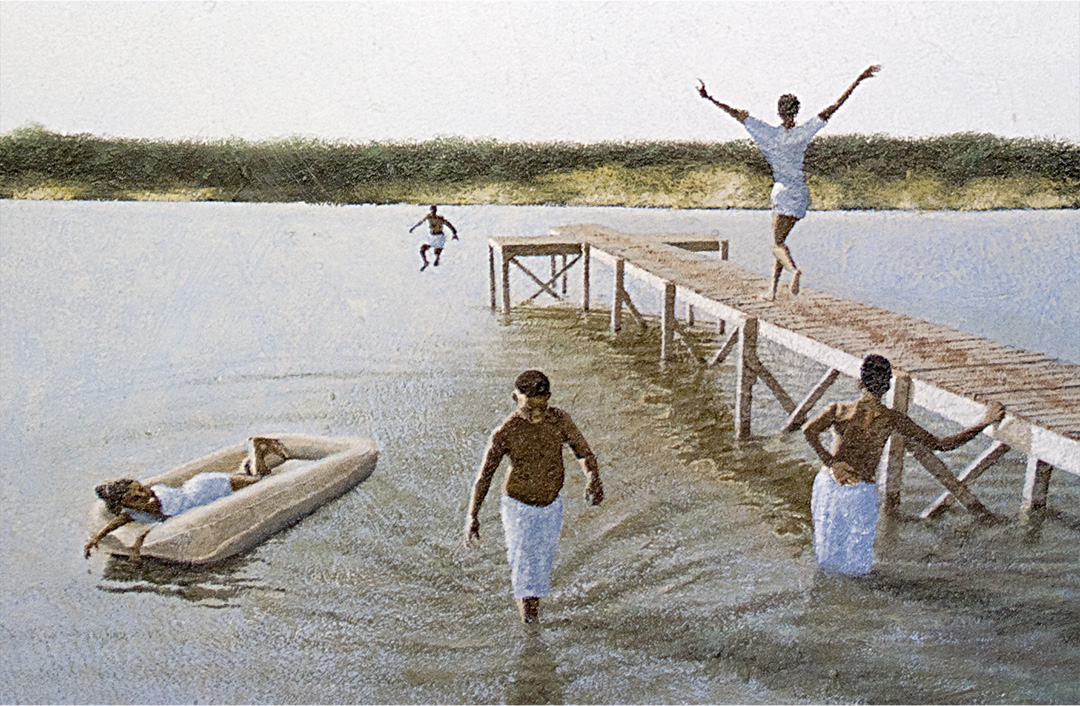 Representational oil painting of 4th of July swimmers from Keith Clementon's body of past work.