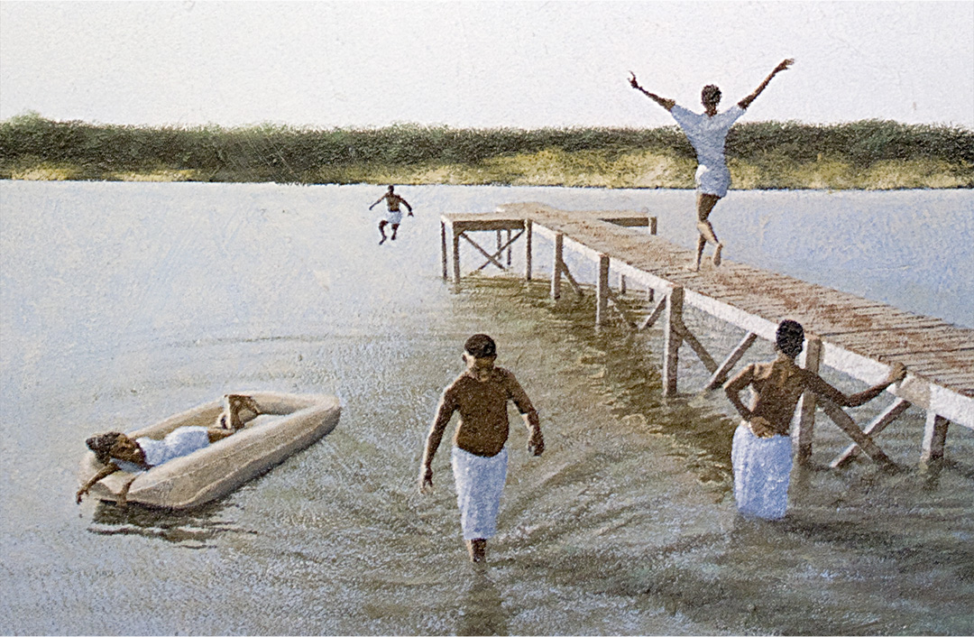 Representational oil painting of 4th of July swimmers from Keith Clementon's body of past work.